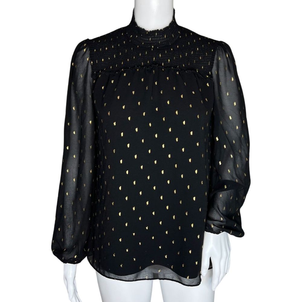 White House Black Market Shirt Womens XS Black Gold Polka Dot Blouse Classic Fun